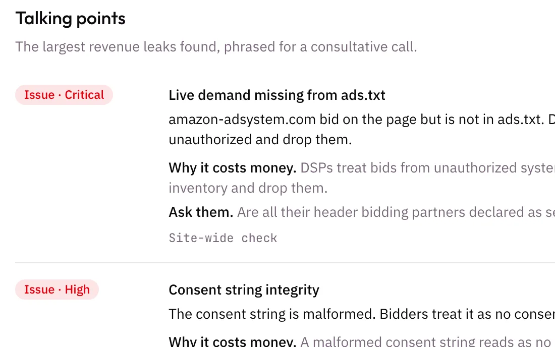 An Inspect report: sessions measured and a stack snapshot for one publisher.