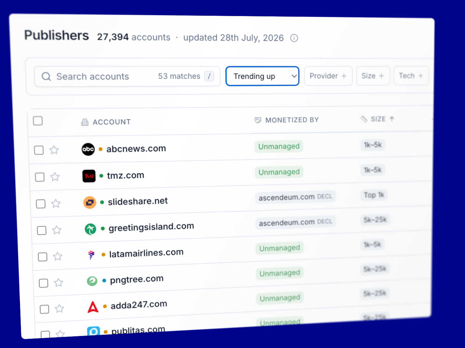 MediaContext publisher directory with account filters and monetization providers.